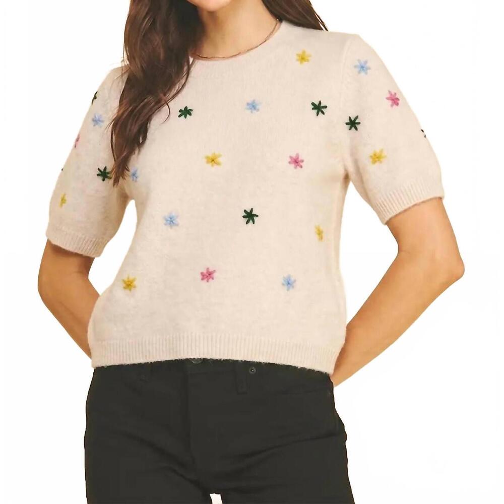 NEW PINCH floral embroidered short sleeve sweater in ivory